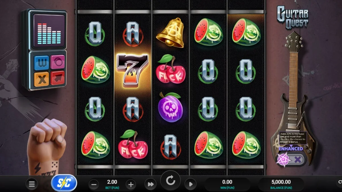 Tampilan visual slot Guitar Quest dengan nuansa ruang latihan musik yang autentik