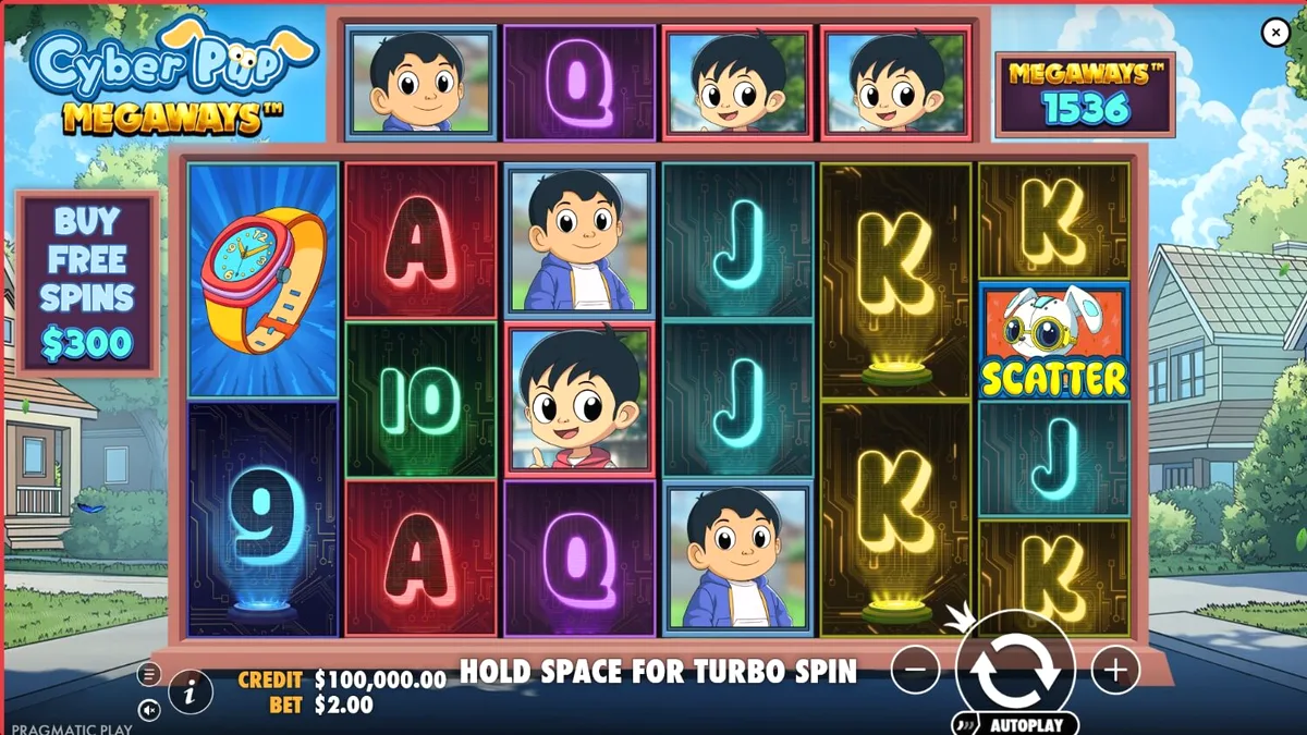 Tangkapan layar permainan slot Cyber Pup Megaways menampilkan anjing robot dan simbol futuristik.