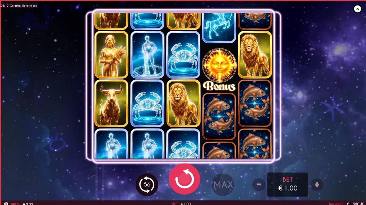 Tampilan visual slot Celestial Revolutions dengan tema zodiak dan kosmik