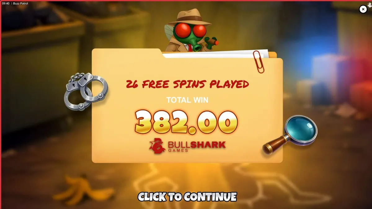 Tampilan visual slot Buzz Patrol dengan tema kartun lalat polisi